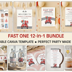 Editable Fast One Birthday Party Bundle Cars Birthday Party Decor Race Car Theme First Birthday Canva Templates Printable Digital Download