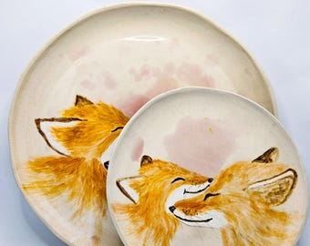 Hand-Painted Fox Family Plate | Watercolor Woodland Art | Ceramic Plate | Kalissia Design