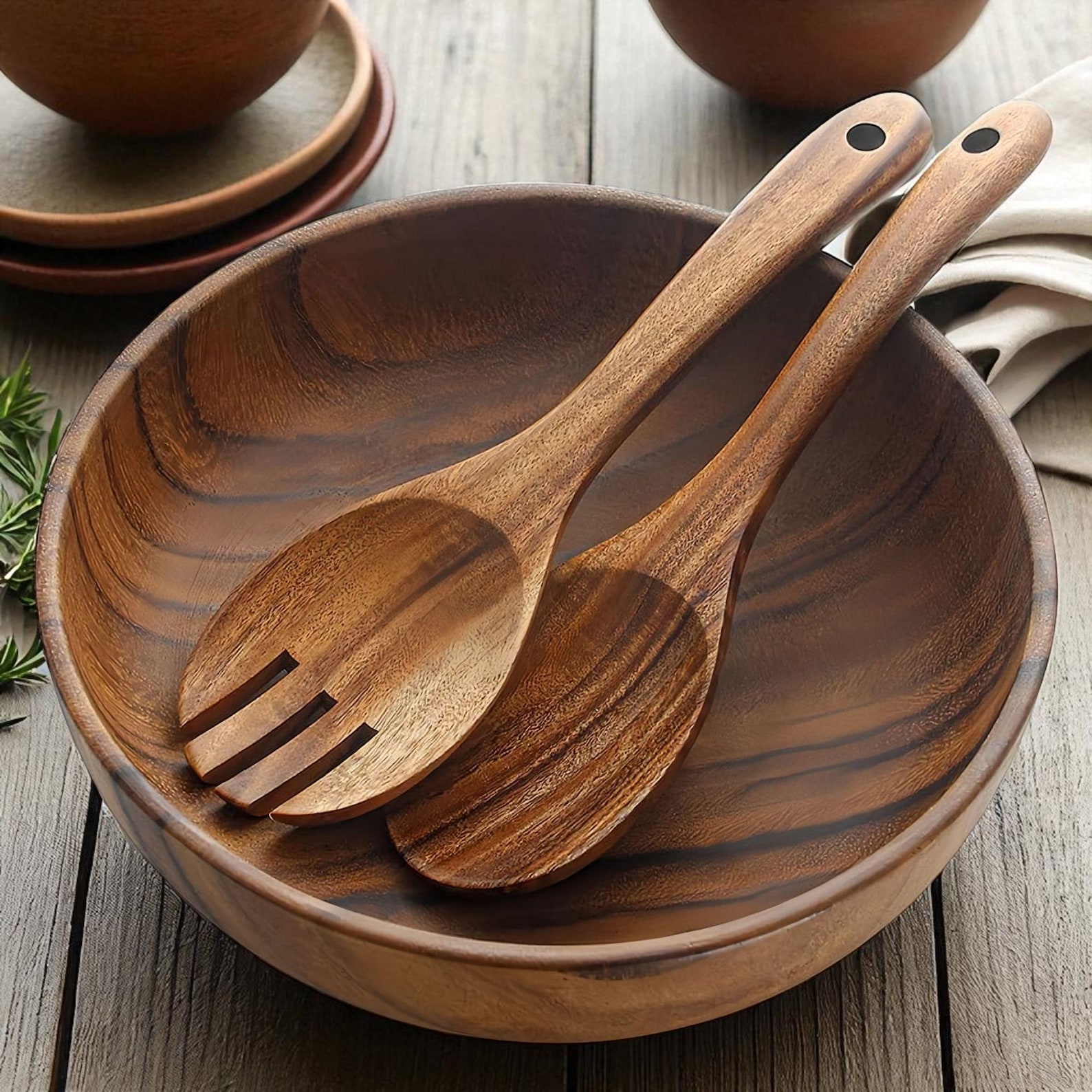 Image of Acacia Wood Salad Bowl Set with Serving Spoons