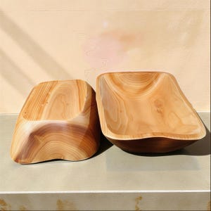 May include: Two wooden chairs with a natural wood grain finish. The chairs have a unique, curved design, with one appearing to be a seat and the other a bowl-like shape. The wood has warm, light brown tones.