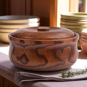 Puede incluir: Un cuenco de madera con tapa, con un patrón de vetas de madera natural y detalles en marrón oscuro. El cuenco redondo tiene un borde ligeramente ensanchado y un pequeño pomo en la tapa. Se ven otros cuencos en el fondo.