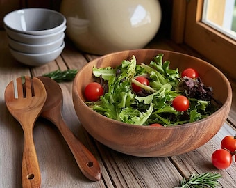 Acacia Wood Salad Bowl Set with Serving Spoons, 3 Piece Rustic Tableware