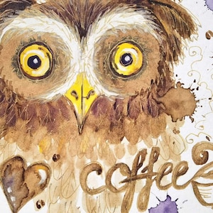 Original Coffee Painting Owl | Unique Coffee Wall Art with Aroma | Handmade Watercolor & Gouache Artwork