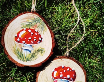 Woodland Mushroom Ornaments | Hand Painted Toadstool on Natural Wood Slice | Rustic Forest Decor | Cottagecore Gift