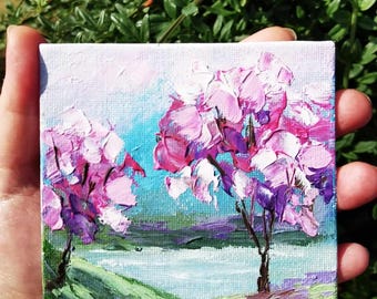 Textured Cherry Blossom Oil Painting: Impasto Floral Landscape - Mothering Sunday gift