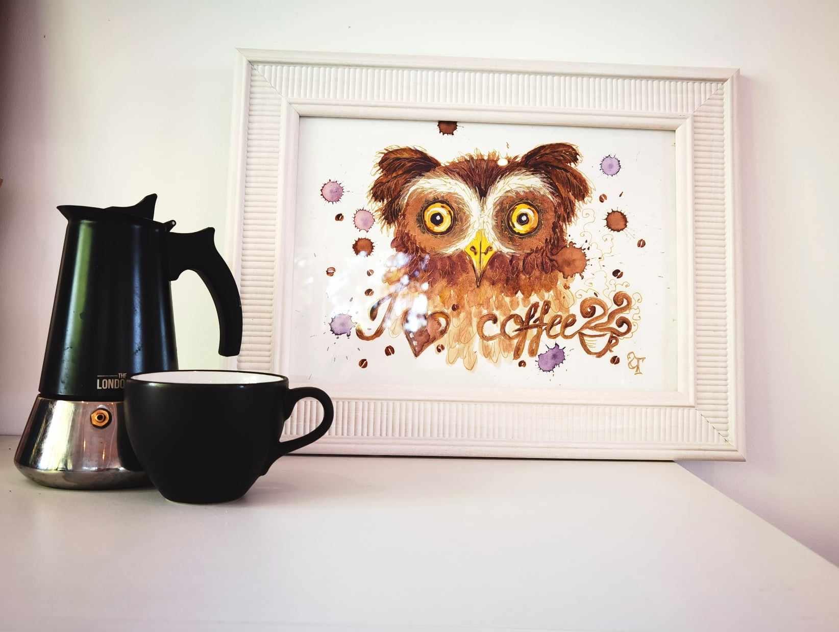 Original Coffee Painting Owl | Unique Coffee Wall Art with Aroma | Handmade Watercolor & Gouache
