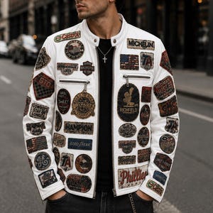 Cafe Racer Patchwork Pure Cotton Jacket Hang Embroidery Patches, White & Black Streetwear Moto Rider Punk Halloween Coat | Made to Order