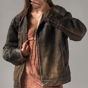 Jaren 60 oversized bikerjack, handgemaakt verweerd bruin echt schapenleer, vintage geïnspireerde motorrijder streetwear jas | Op bestelling gemaakt