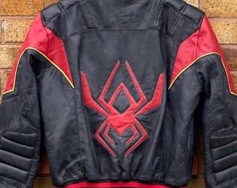Jayson Fitch Biker Bomber Jacket Handmade Embossed Spider-Style Streetwear Icon Black & Red Halloween Costume Cosplay Coat | Made to Order