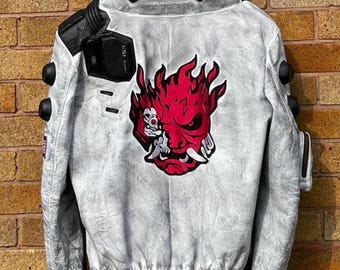 Cyber Gaming Punk LED Collar SAMURAI Jacket, Artificial / Cowhide Leather Halloween 2077 Costume Handmade Embroidery Patch | Made to Order