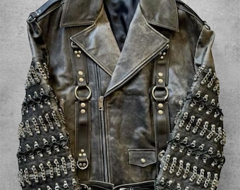 60s Vintage Style Biker Jacket Men Handmade Moto Streetwear Distressed Black Cowhide Leather Bulky Fit Classic Motorcycle Coat Made to Order