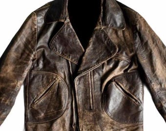 Double D-Pocket Retro Style Biker Jacket – Handmade Vintage Distressed Brown Real Cowhide Leather Motorcycle Coat for Men – Made to Order