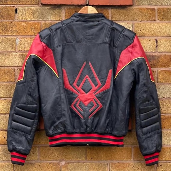Jayson Fitch Biker Bomberjacke Schwarz, Rot Handgefertigte Spinne