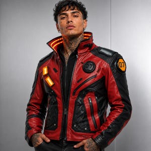 Puede incluir: Una chaqueta roja y negra con cuello alto con detalles de luz naranja, un emblema circular negro con el número 07 y un parche hexagonal en el hombro que muestra el número 07. La chaqueta incluye varios bolsillos con cremallera.