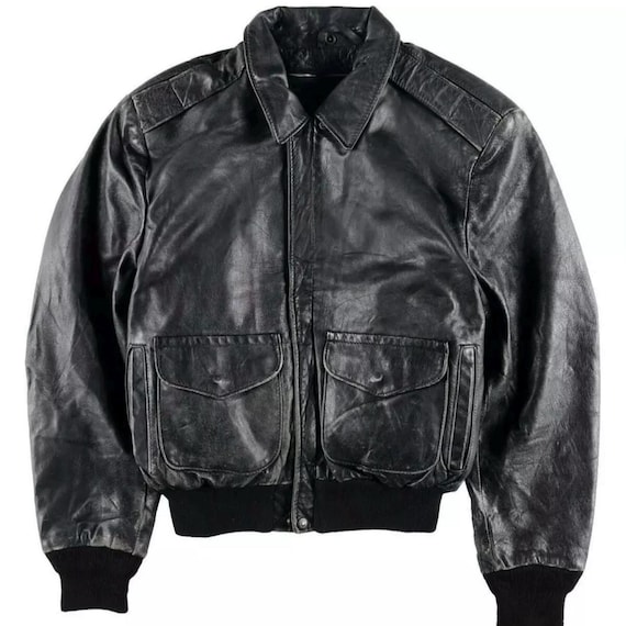 【80s】Sears A2 Flight Jacket A2 Bomber Black Military Jacket Men's 1980s Vintage Style