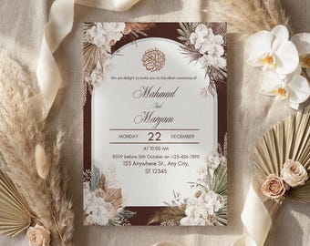 Editable Islamic Nikkah Invitation Template, Muslim Wedding Invite, Walima Canva Card