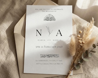 Islamic Nikah Invitation Template, Editable Muslim Ceremony Card, Arabic Calligraphy Canva Download