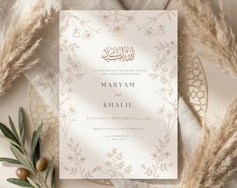 Islamic Nikkah Invitation Template, Elegant Muslim Wedding Card, Editable Canva Digital Download