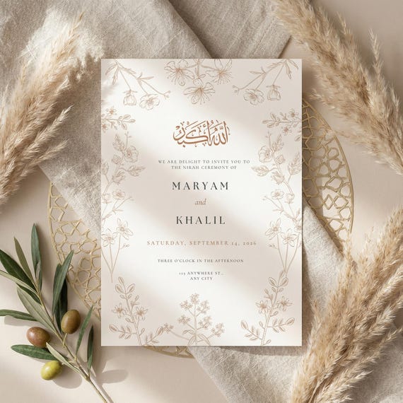 Islamic Nikkah Invitation Template, Elegant Muslim Wedding Card, Editable Canva Digital Download