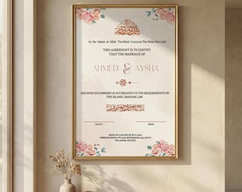 Edytowalny szablon certyfikatu Nikkah, islamska umowa małżeńska, muzułmański ślub Canva do druku