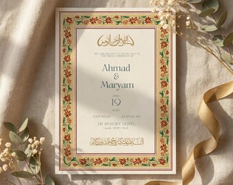 Plantilla de invitación para el Nikah islámico, tarjeta editable para ceremonia musulmana, descarga de Canva con caligrafía árabe