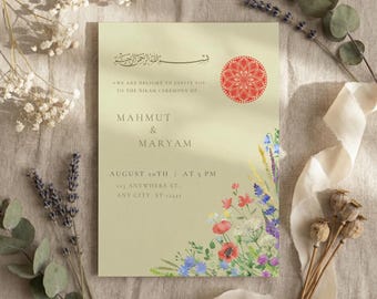 Floral Islamic Nikah Invitation Template, Editable Muslim Wedding Card Canva Download