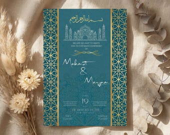 Islamic Nikah Invitation Template, Editable Muslim Ceremony Card, Arabic Canva Download