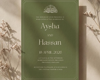 May include: Olive green wedding invitation with white text and a decorative border. The invitation includes the names Aysha and Hassan, the date April 18, 2026, and event details.