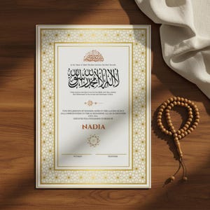 May include: A certificate with Arabic calligraphy and decorative gold borders. The text reads "THIS DECLARATION OF... NADIA CERTIFIES THE CONVERSION TO ISLAM OF NADIA." A wooden prayer bead necklace rests beside the certificate on a wooden surface.