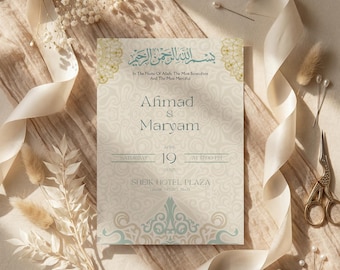 Islamic Nikah Invitation Template, Editable Muslim Ceremony Card, Arabic Canva Download