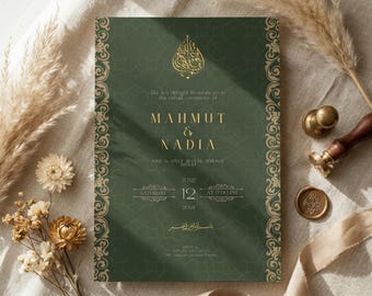 Editable Islamic Nikkah Invitation Template, Luxury Arabic Wedding Invite, Canva Muslim Wedding Card Printable