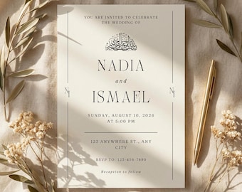 Islamic Nikkah Invitation Template, Elegant Muslim Wedding Invite, Editable Canva Digital Card