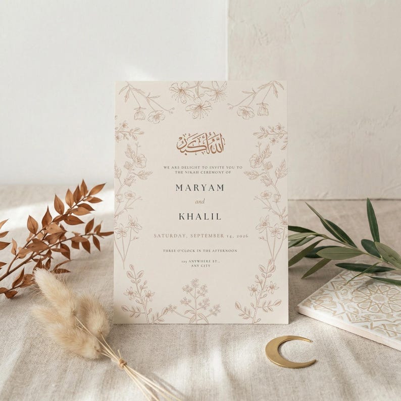 Islamic Nikkah Invitation Template, Elegant Muslim Wedding Card, Editable Canva Digital Download image 4