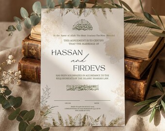Editable Islamic Nikkah Certificate Template, Botanical Nikah Nama, Luxury Muslim Wedding Contract