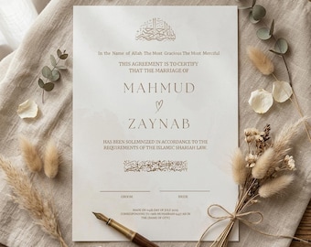 Redigerbar Nikah-certifikatmall Islamiskt äktenskapskontrakt Canva utskrivbar