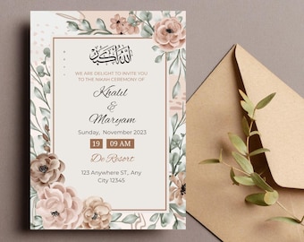 Printable Muslim Nikkah Invitation | Customizable Islamic Wedding Card | Modern Muslim Marriage Template | Canva Access