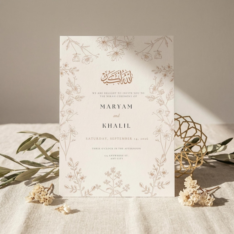 Islamic Nikkah Invitation Template, Elegant Muslim Wedding Card, Editable Canva Digital Download image 2