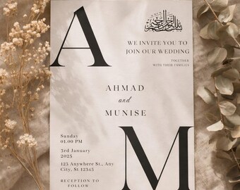 Editable Islamic Wedding Invitation Template, Modern Nikkah Invite, Minimal Muslim Wedding Canva Card
