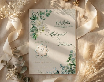 Floral Islamic Nikah Invitation Template, Editable Muslim Save The Date Canva Download