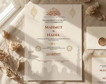 Editable Islamic Nikkah Certificate Template, Luxury Muslim Marriage Certificate Canva Download