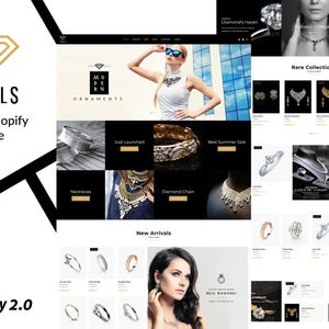 Può includere: Uno screenshot di un sito web che mostra un tema Shopify per la gioielleria con uno schema di colori bianco e nero. Il sito web presenta una varietà di articoli di gioielleria, tra cui collane, anelli e orecchini. Il sito web include anche una sezione per i nuovi arrivi e le collezioni rare.