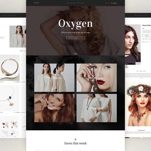 Può includere: Una homepage di un sito web di gioielleria online chiamato "Oxygen". Il sito web presenta una varietà di gioielli, tra cui collane, orecchini e braccialetti. Il sito web presenta anche una sezione chiamata "Preferiti di questa settimana".