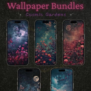 5 Unique Wallpapers *Cosmic Gardens* – Dark Floral Aesthetic Moon & Galaxy Lock Screens | iPhone | Android Digital Download