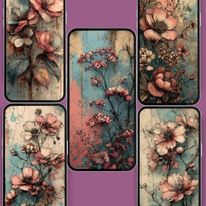 Könnte beinhalten: Florale Handy-Hintergründe mit Illustrationen von rosa und blauen Blumen im Aquarellstil. Die Designs haben eine Vintage-Ästhetik mit einem strukturierten Hintergrund. Jedes Telefon zeigt ein einzigartiges Blumenarrangement.