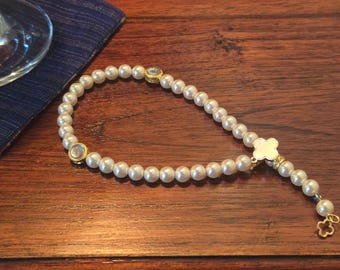 Perlen Tasbih Armband: Verstellbare Islamische Gebetskette und Klee/Mond Anhänger