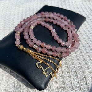 Cuentas de oración Tasbih de cuarzo fresa: regalo islámico hecho a mano