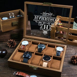 Wooden Watch Box,Mens 3/6/10 Slots Watch Display Case with Personalized Lid,5th Year Anniversary Birthday Honeymoon Gifts For Him Husband