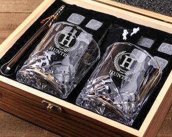 Personalised whiskey glass Set with Wooden Box,Whiskey Stone Set,Engravable Whiskey Glass Gift For Husband,1st Anniversary Gift To Boyfriend