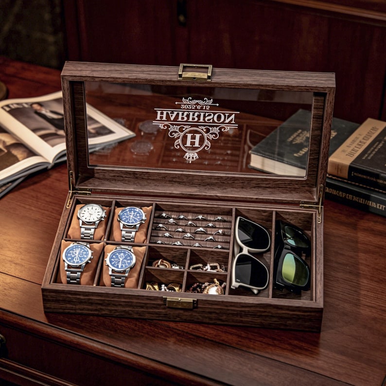 Op maat gemaakte opbergdoos voor heren, sieradendoos voor heren, gepersonaliseerde horlogedoos voor horloges, manchetknopen, zonnebrillen en meer, vintage cadeau voor mannen, cadeaus voor hem afbeelding 3