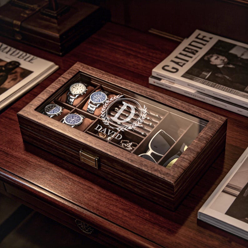 Op maat gemaakte opbergdoos voor heren, sieradendoos voor heren, gepersonaliseerde horlogedoos voor horloges, manchetknopen, zonnebrillen en meer, vintage cadeau voor mannen, cadeaus voor hem afbeelding 4